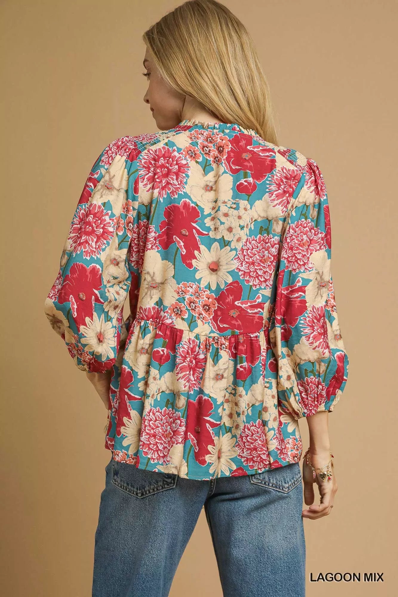 Umgee Mix Floral Peplum Blouse with Tie Neck OutfitFlow