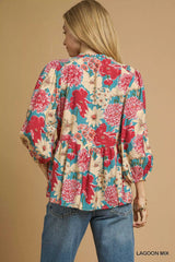 Umgee Mix Floral Peplum Blouse with Tie Neck OutfitFlow