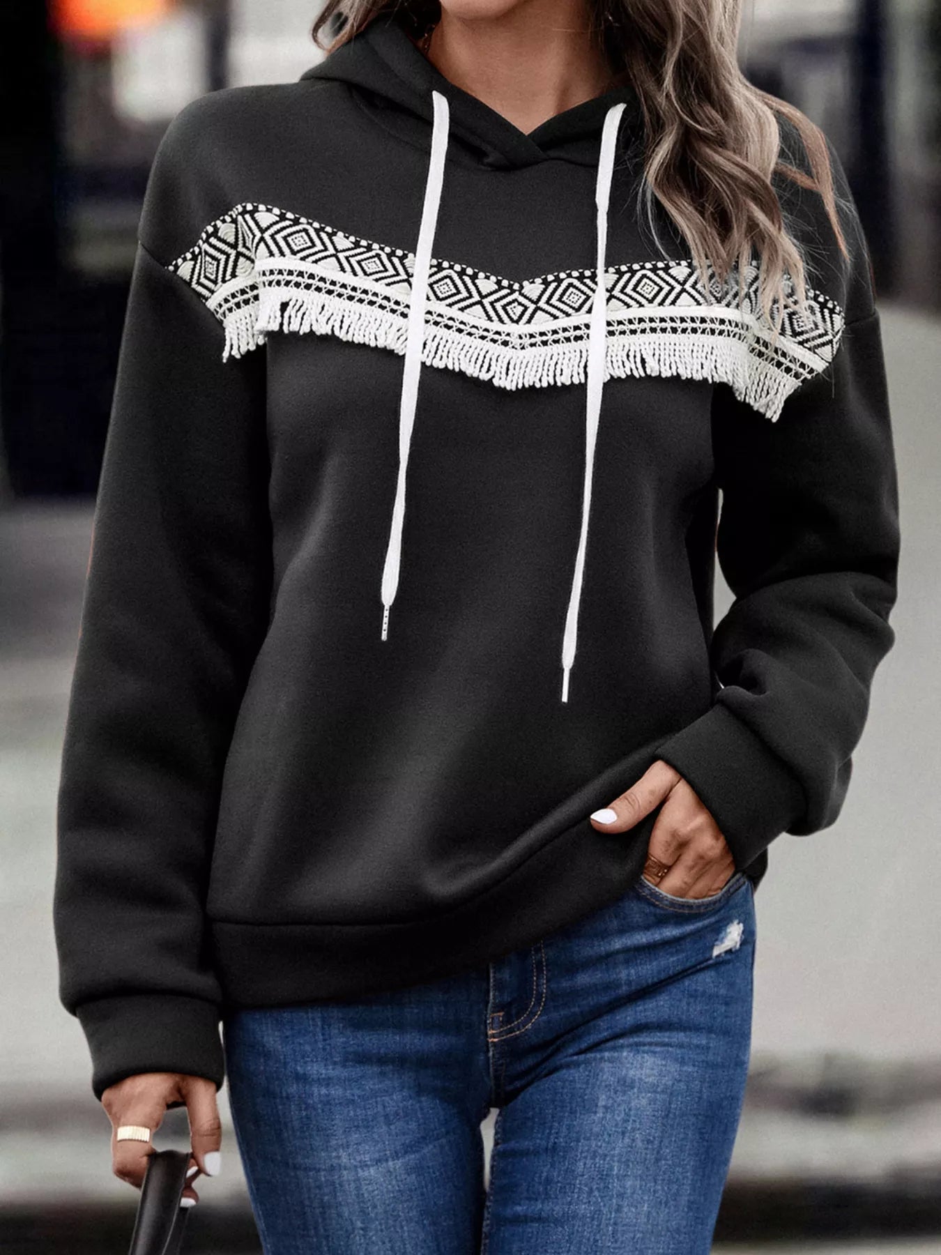 Fringe Detail Long Sleeve Drawstring Hoodie OutfitFlow