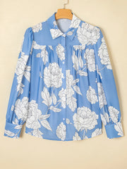 Floral Print Button Up Pleated Detail Puff Sleeve Shirt OutfitFlow