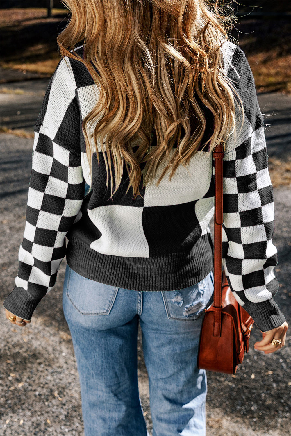 Outfit Flow - Checkered Round Neck Drop Shoulder Sweater