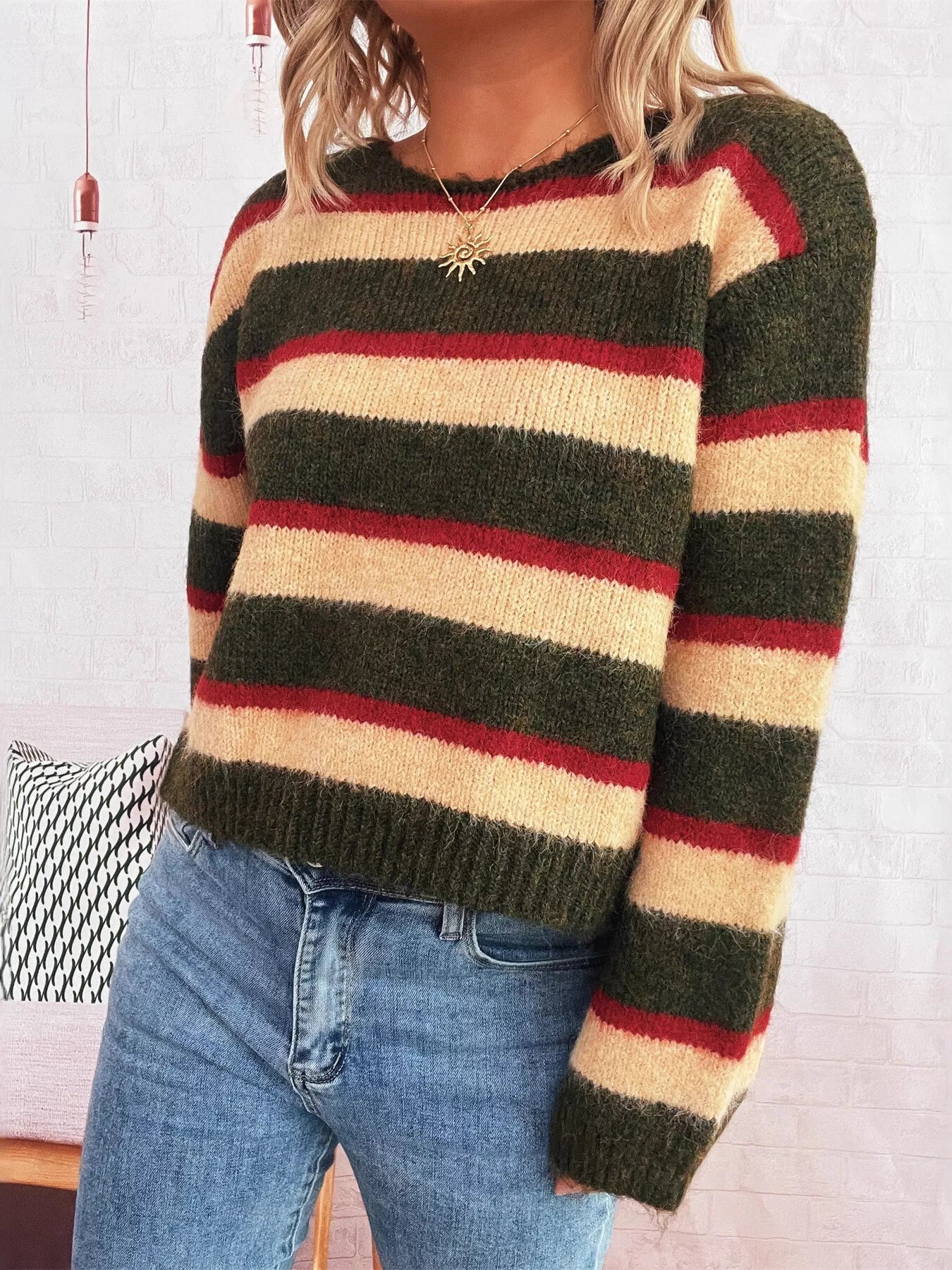 Striped Round Neck Long Sleeve Sweater OutfitFlow
