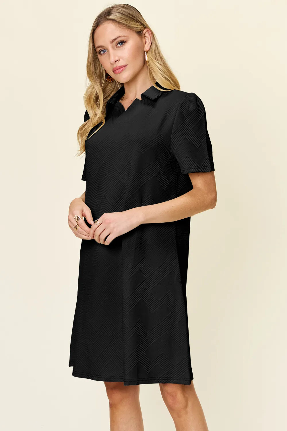 Double Take Full Size Texture Collared Neck Short Sleeve Dress OutfitFlow