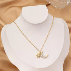 18K Gold-Plated Rhinestone Star & Moon Necklace OutfitFlow