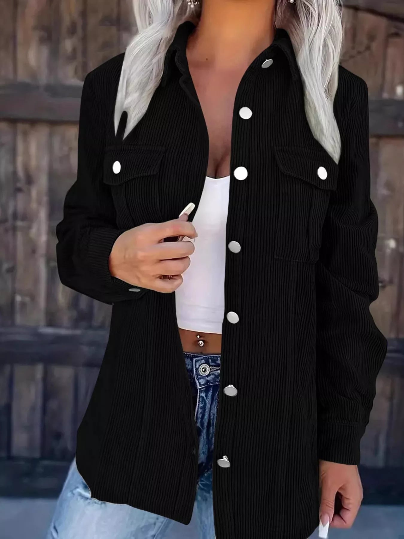 Corduroy Button-Down Jacket Black OutfitFlow