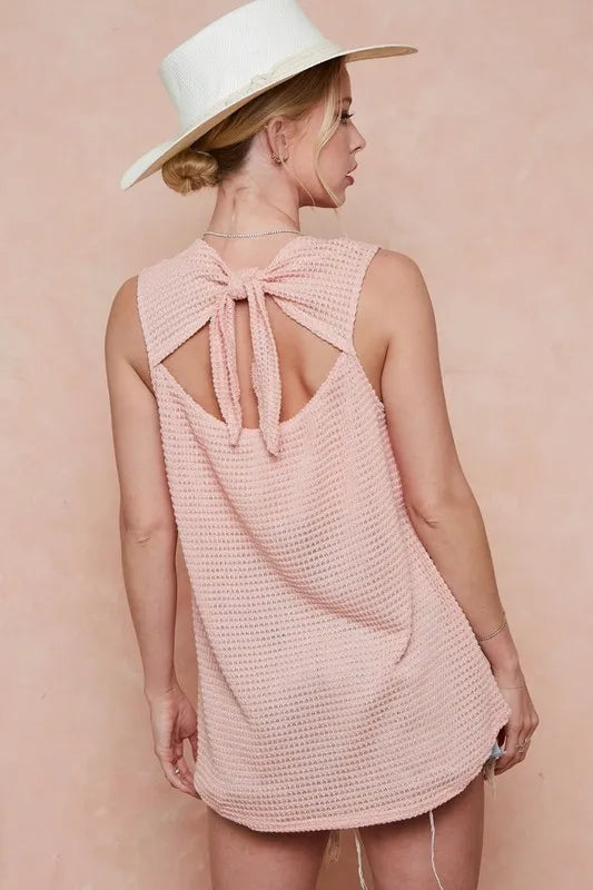 BiBi Popcorn Waffle Open Back Top with Tied Ribbon OutfitFlow