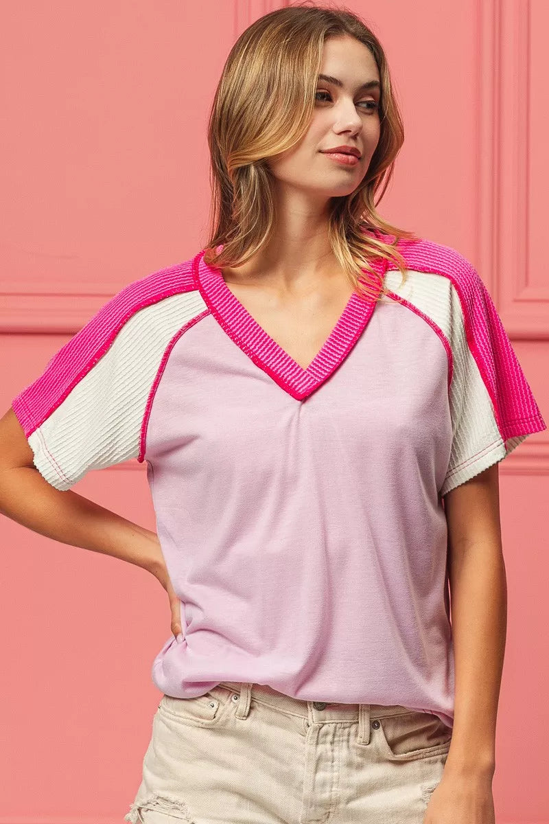 BiBi Cord Rib Combo V Neck Jersey Knit Top OutfitFlow