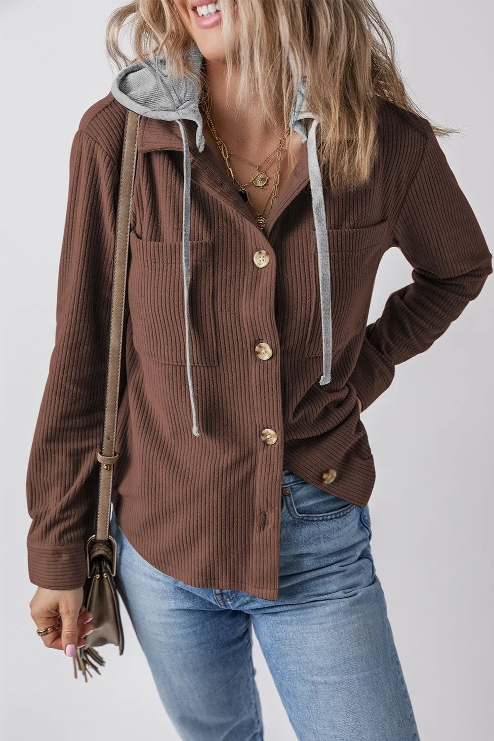 Drawstring Button Up Long Sleeve Hooded Jacket Dark Brown OutfitFlow