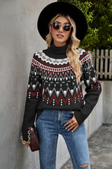 Turtleneck Ribbed Trim Sweater Black OutfitFlow