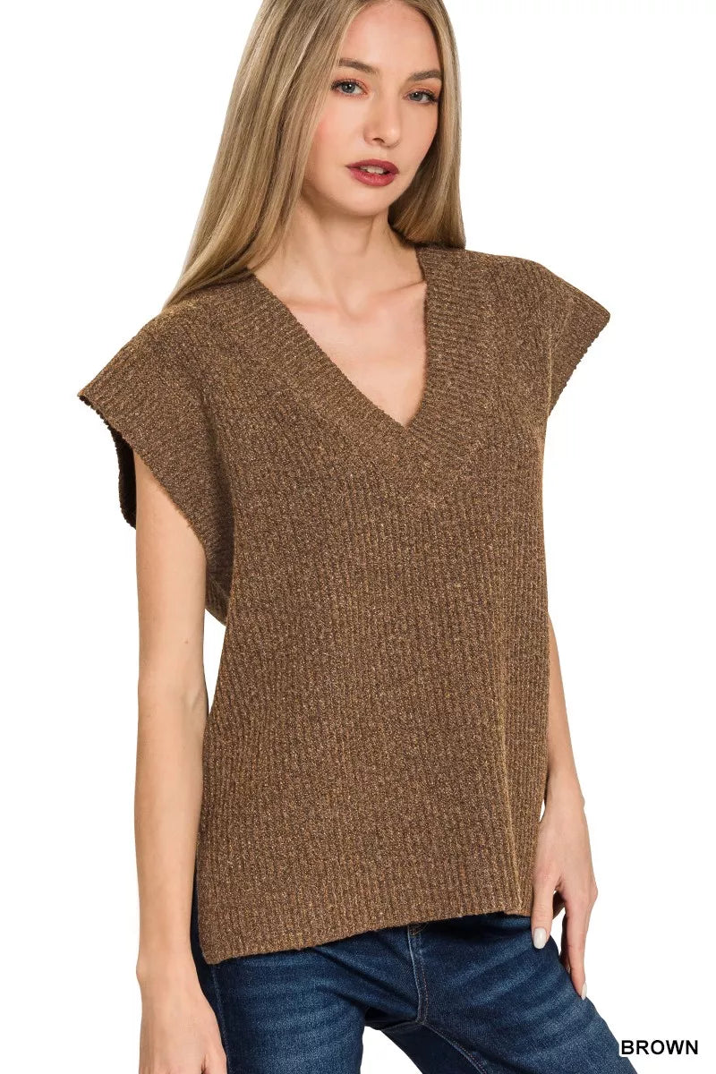 Zenana Ribbed Slit V-Neck Sweater Vest BROWN OutfitFlow