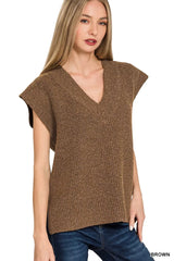 Zenana Ribbed Slit V-Neck Sweater Vest BROWN OutfitFlow