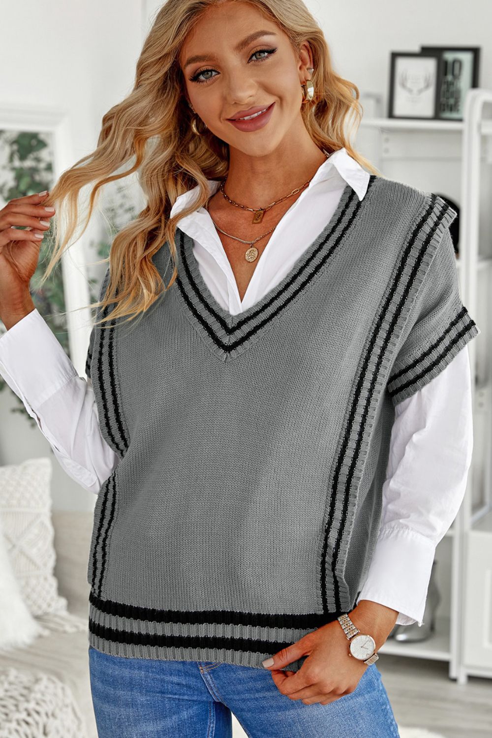 Outfit Flow - Striped Trim V-Neck Sweater Vest