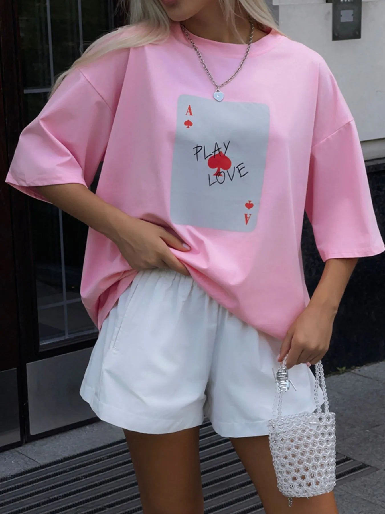 Graphic Round Neck Half Sleeve T-Shirt Pink OutfitFlow