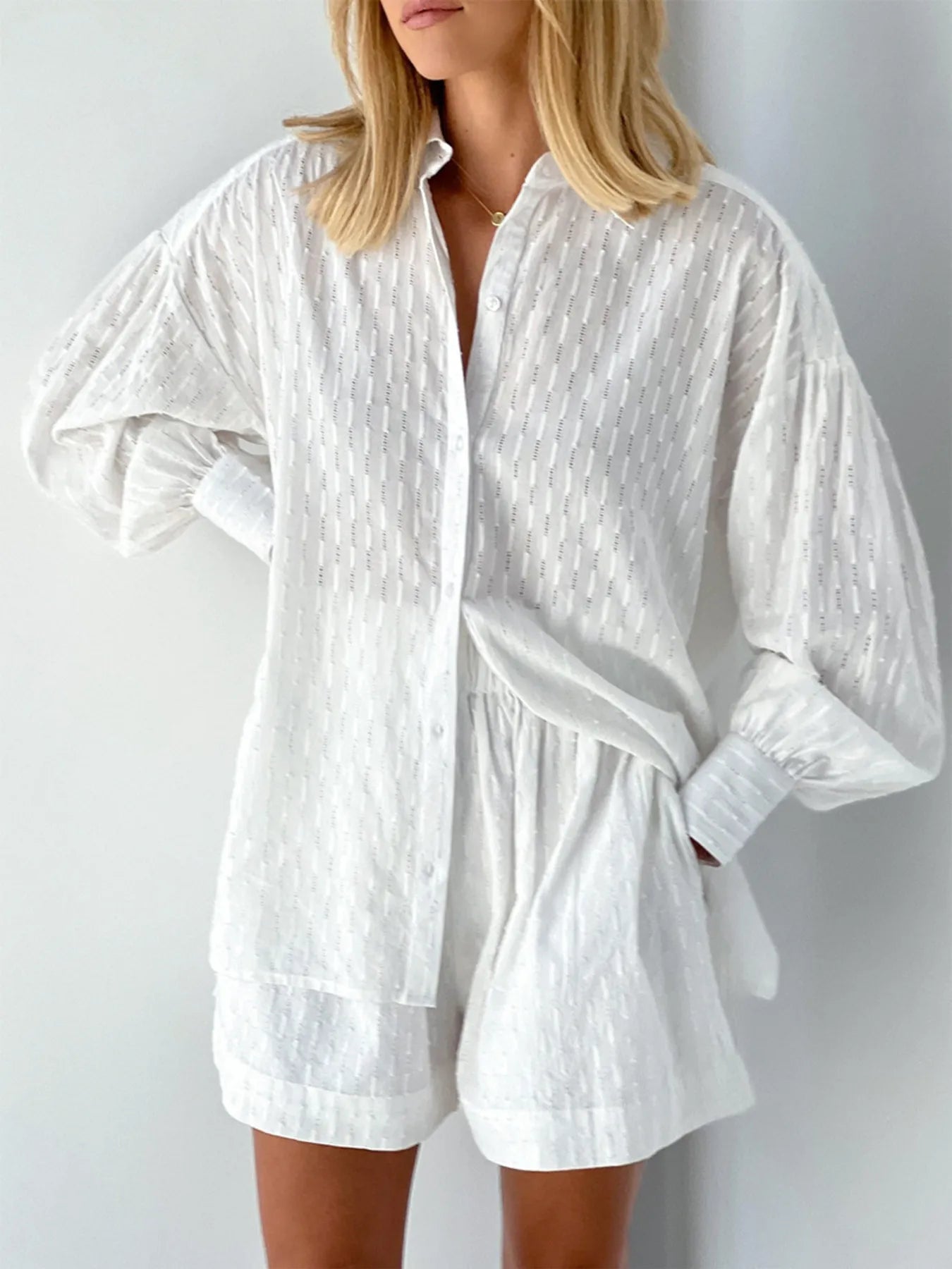 Textured Button-Up Shirt and Shorts Set White OutfitFlow