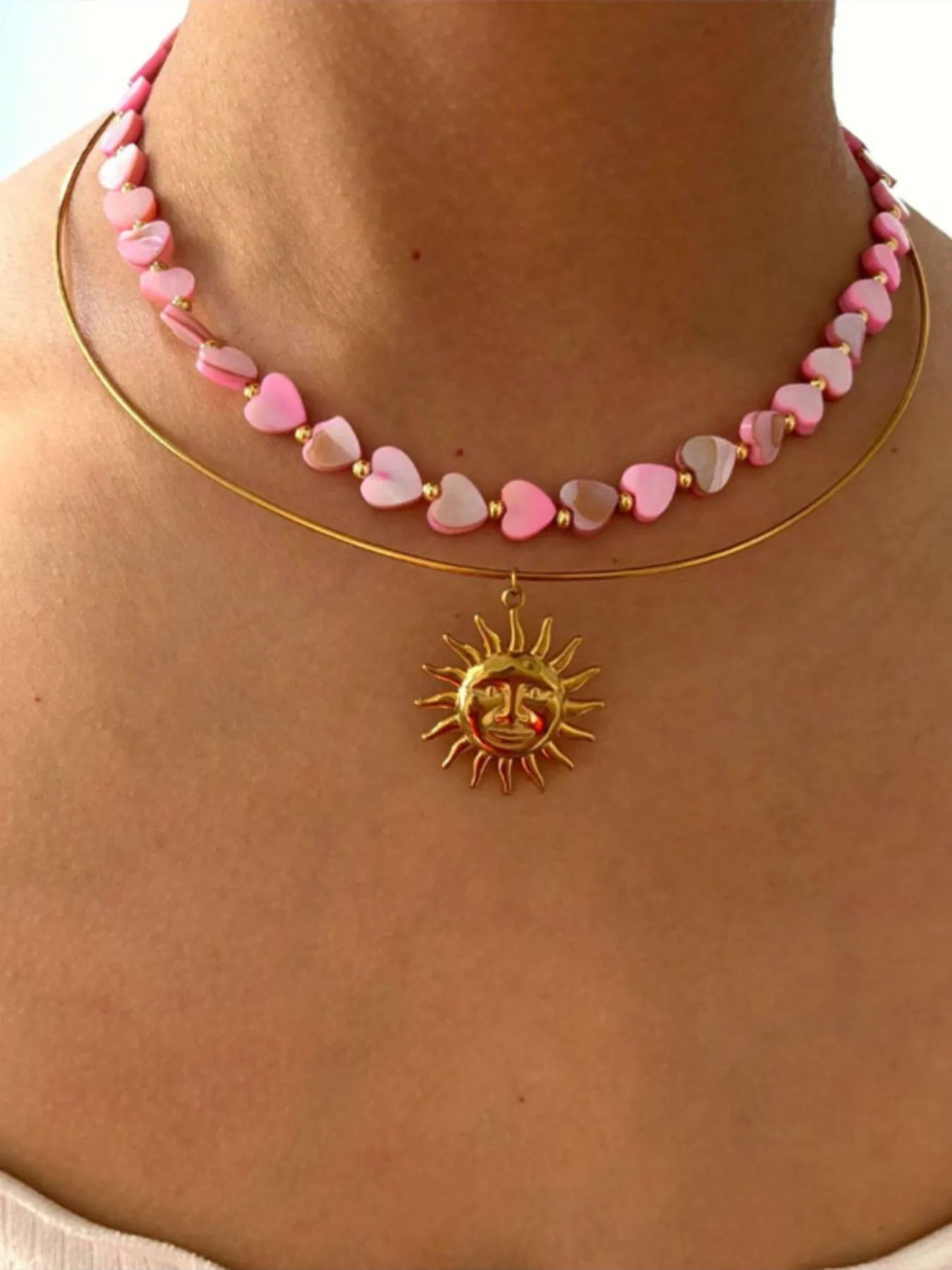 2-Piece 18K Gold-Plated Heart Beads and Sun Pendant Necklace Gold One Size OutfitFlow