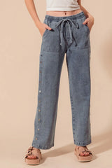 SO ME Mid Rise Drawstring Jeans with Side Snap Button OutfitFlow