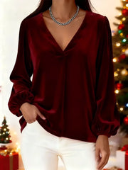 Full Size Velvet V-Neck Long Sleeve Blouse Plus Size Burgundy OutfitFlow