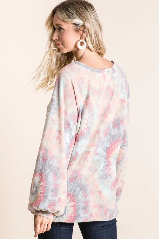 BiBi Brushed Tie Dye Print Top with Puff Sleeves OutfitFlow