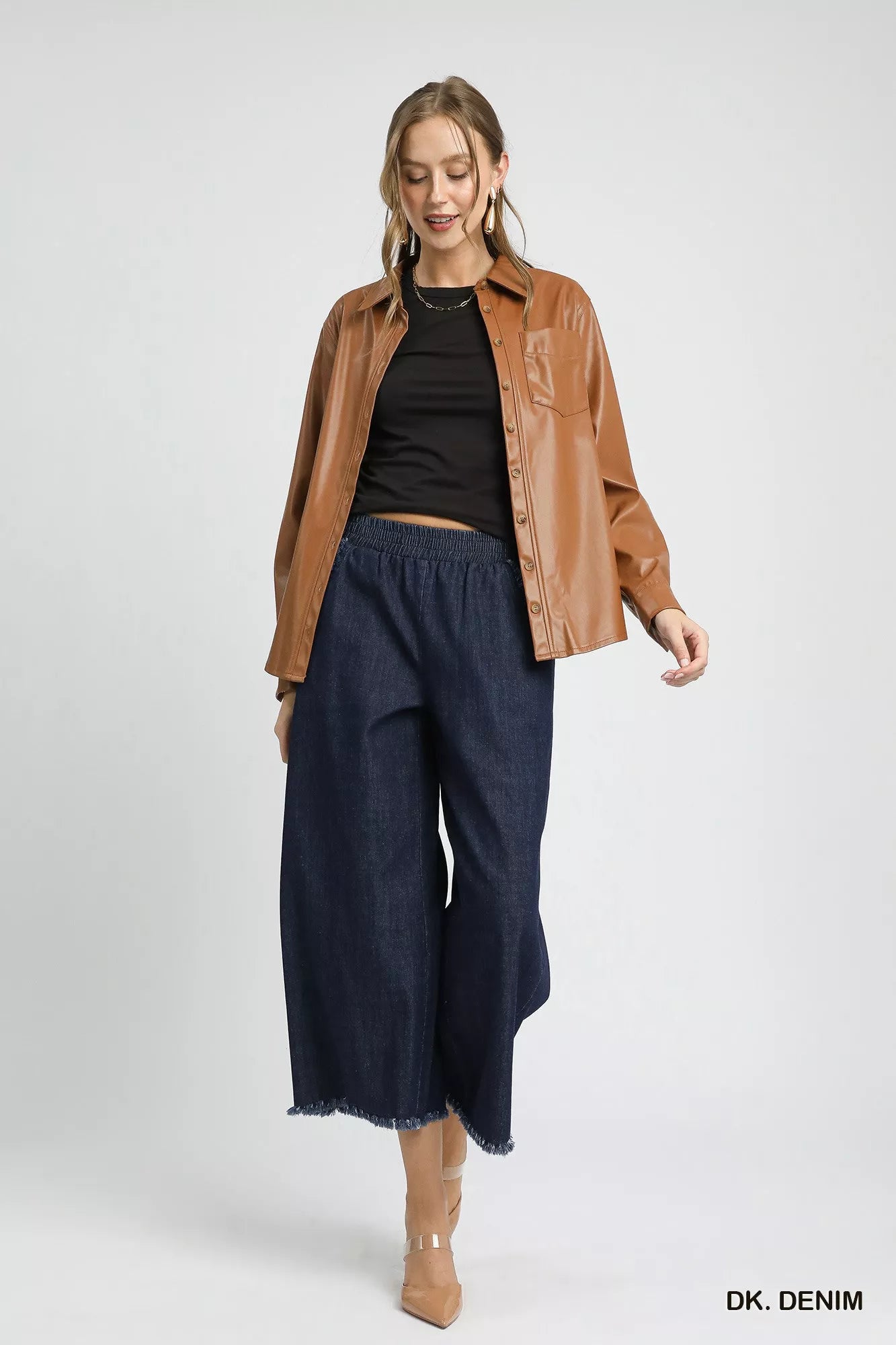 Umgee Washed Fringe Hem Wide Leg Jeans OutfitFlow