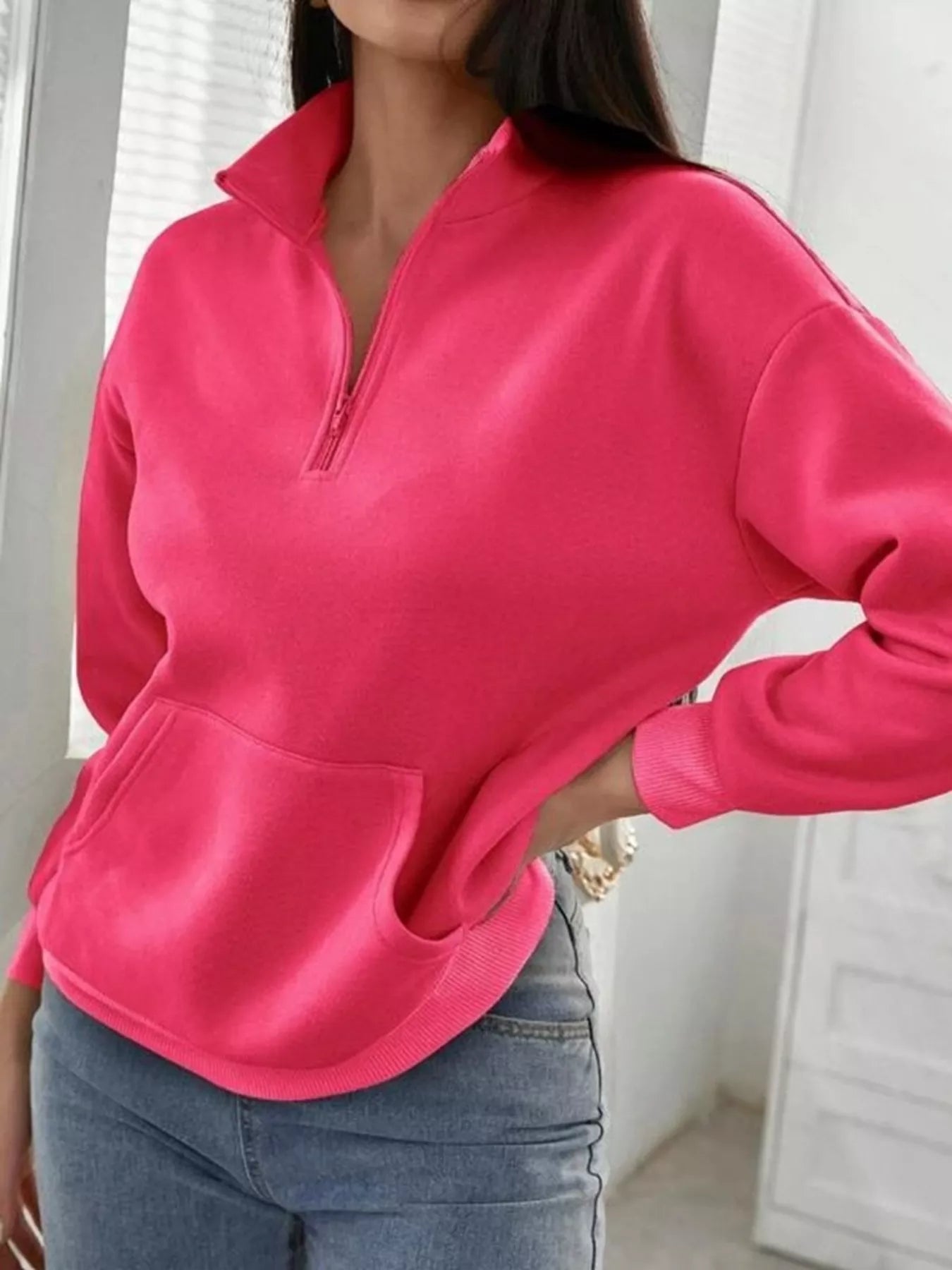 Zip-Up Collar Sweatshirt with Pocket Rose Red OutfitFlow