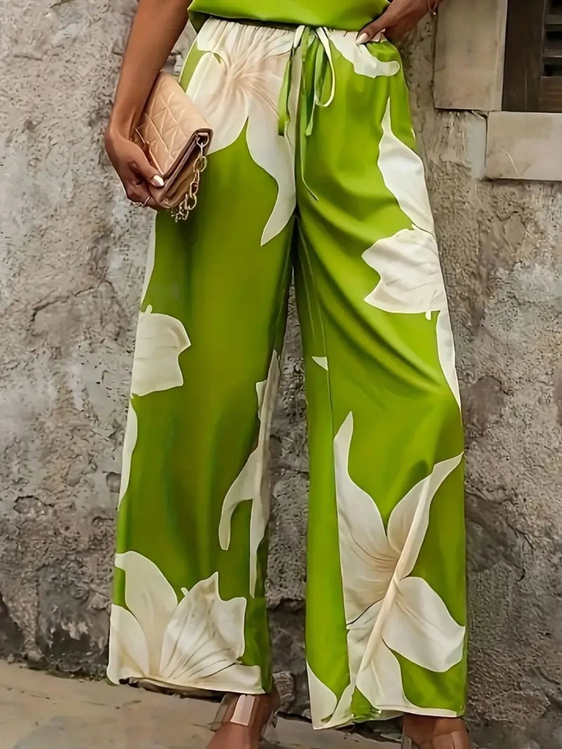 Printed V-Neck Top and Wide Leg Pants Set OutfitFlow