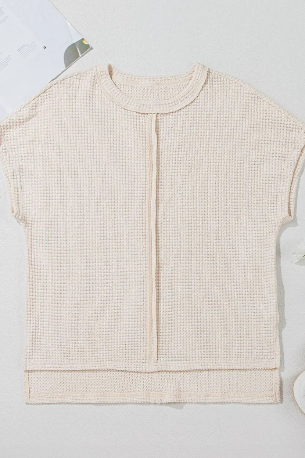 Solid Color Textured Seamed Short Sleeve Top OutfitFlow