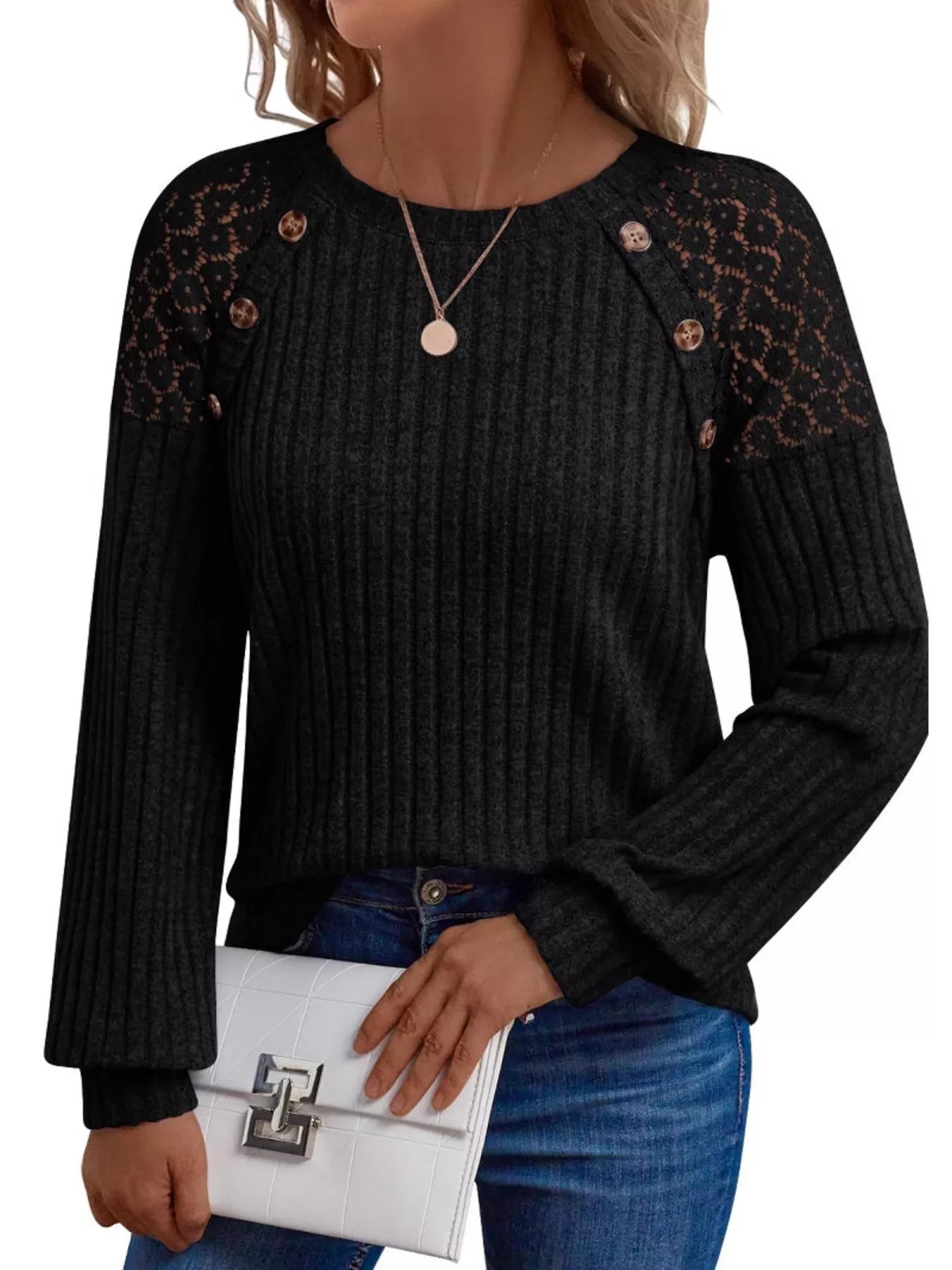 Ribbed Knit T-Shirt with Lace Shoulder Detail OutfitFlow