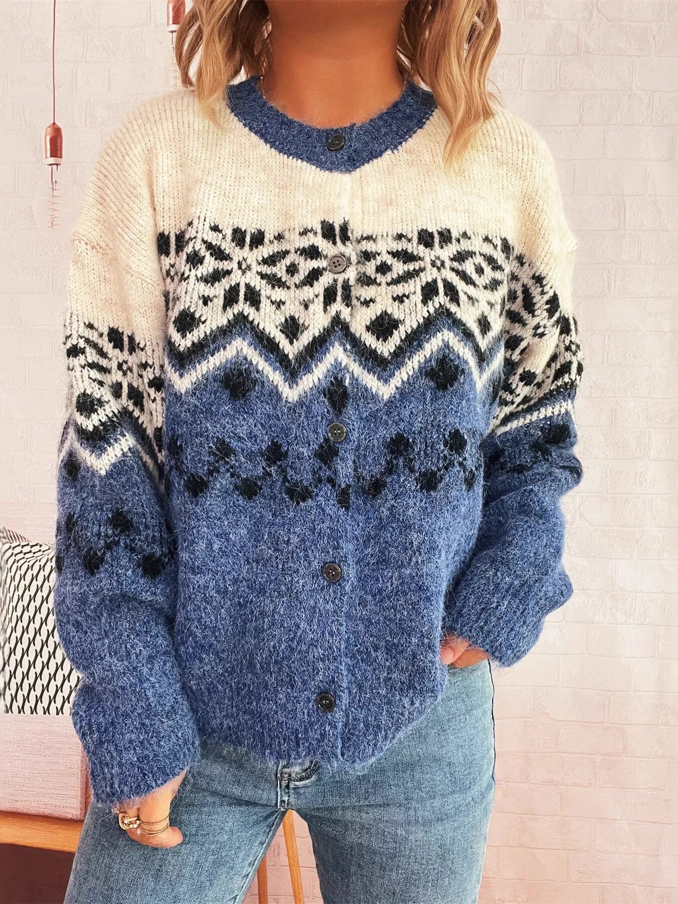 Christmas Button Up Drop Shoulder Cardigan Dusty Blue One Size OutfitFlow