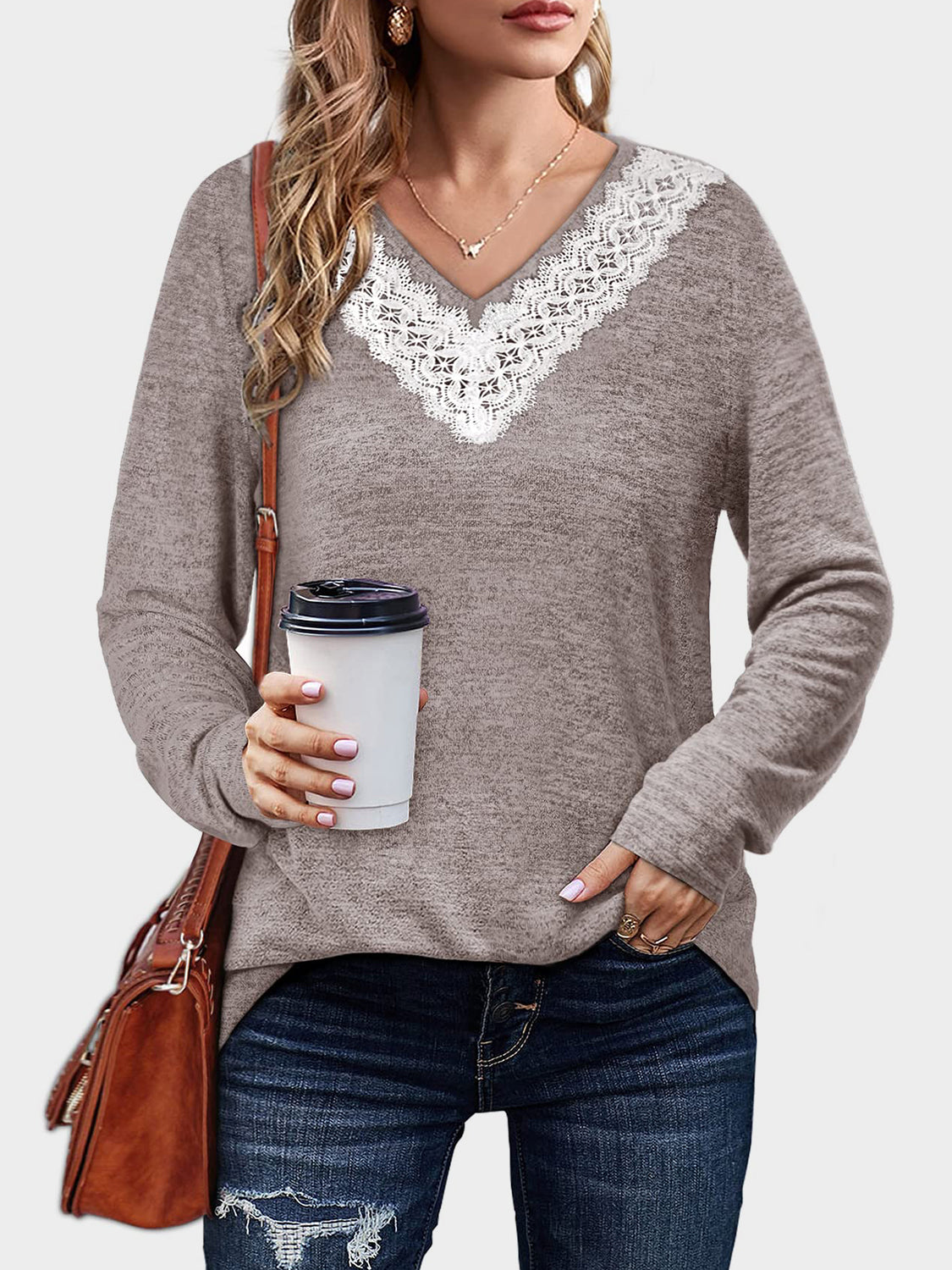 Outfit Flow - Lace Detail V-Neck Long Sleeve T-Shirt