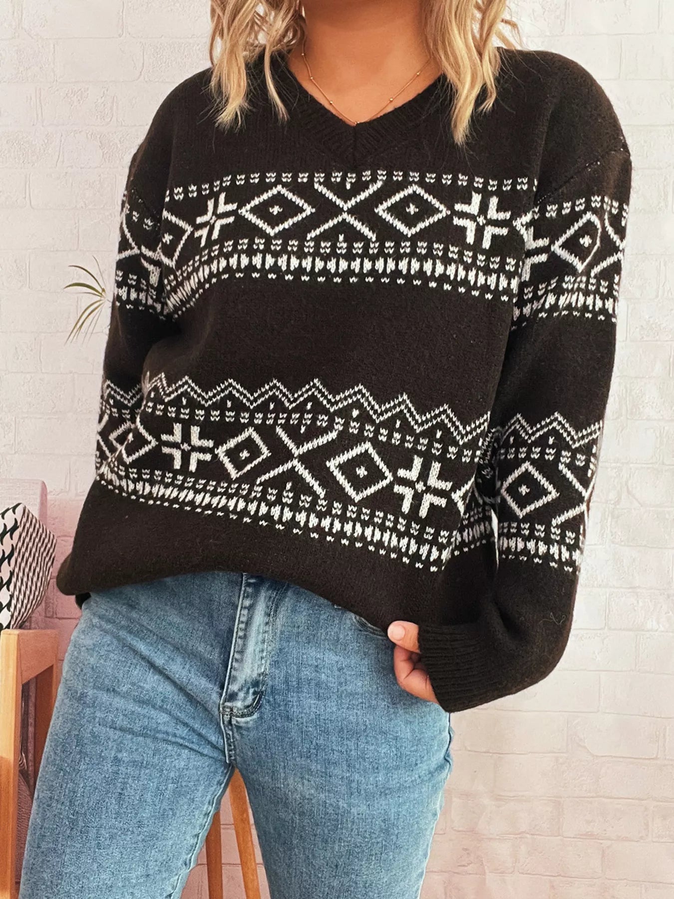 Geometric Dropped Shoulder Long Sleeve Sweater OutfitFlow