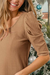 BiBi Verigated Rib Knit Puff Sleeves Shorts Top OutfitFlow
