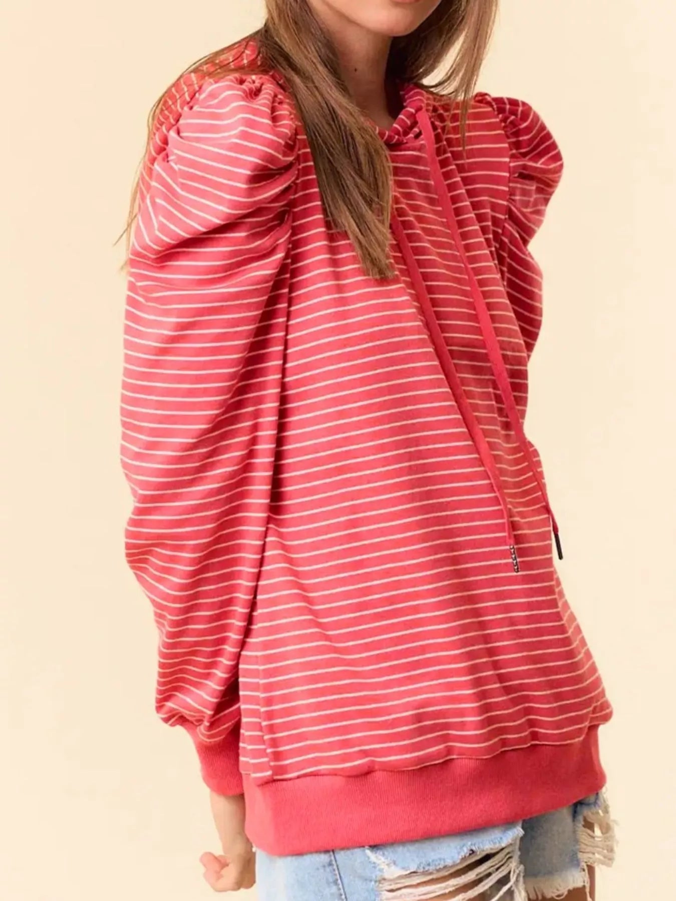 Striped Puff Sleeve Hoodie with Drawstring OutfitFlow