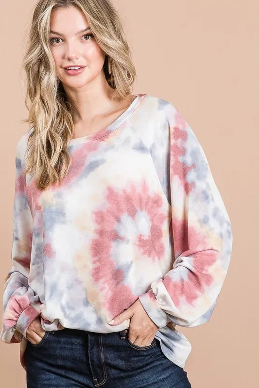 BiBi Tie Dye Print Terry Top With Puff Sleeves OutfitFlow
