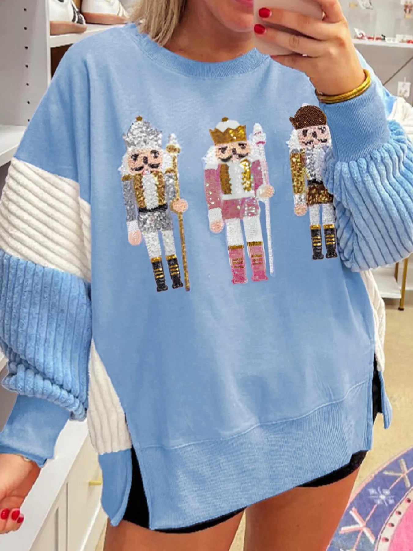 Christmas Sequin Nutcracker Textured Sleeve Patchwork Color Block Sweatshirt OutfitFlow