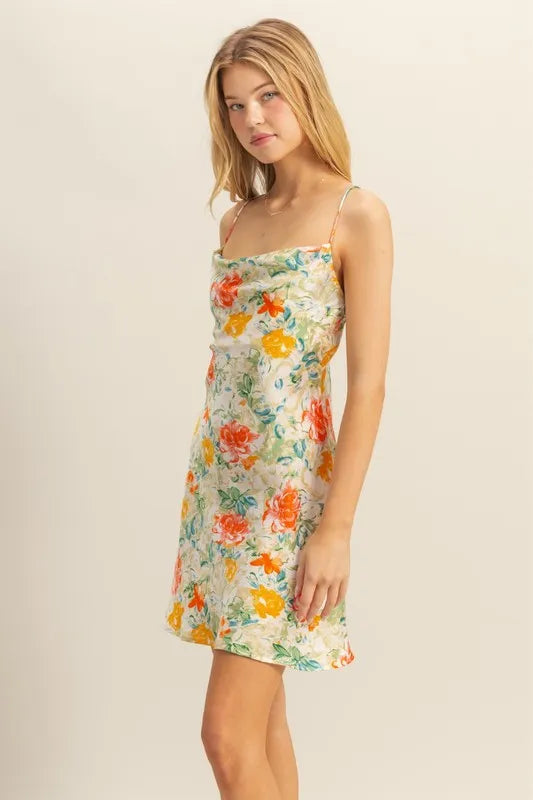HYFVE Floral Cowl Neck Flirty Satin Mini Dress OutfitFlow