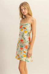 HYFVE Floral Cowl Neck Flirty Satin Mini Dress OutfitFlow