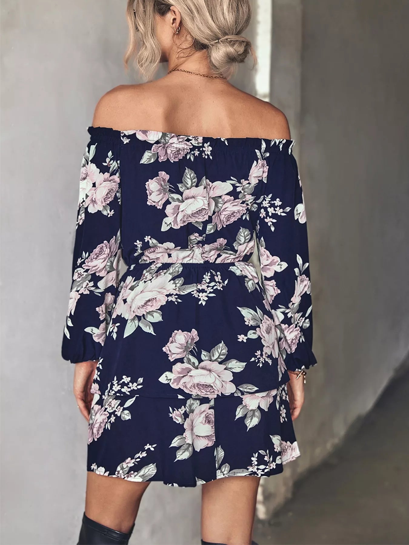 Off-Shoulder Floral Print Long Sleeve Mini Dress OutfitFlow