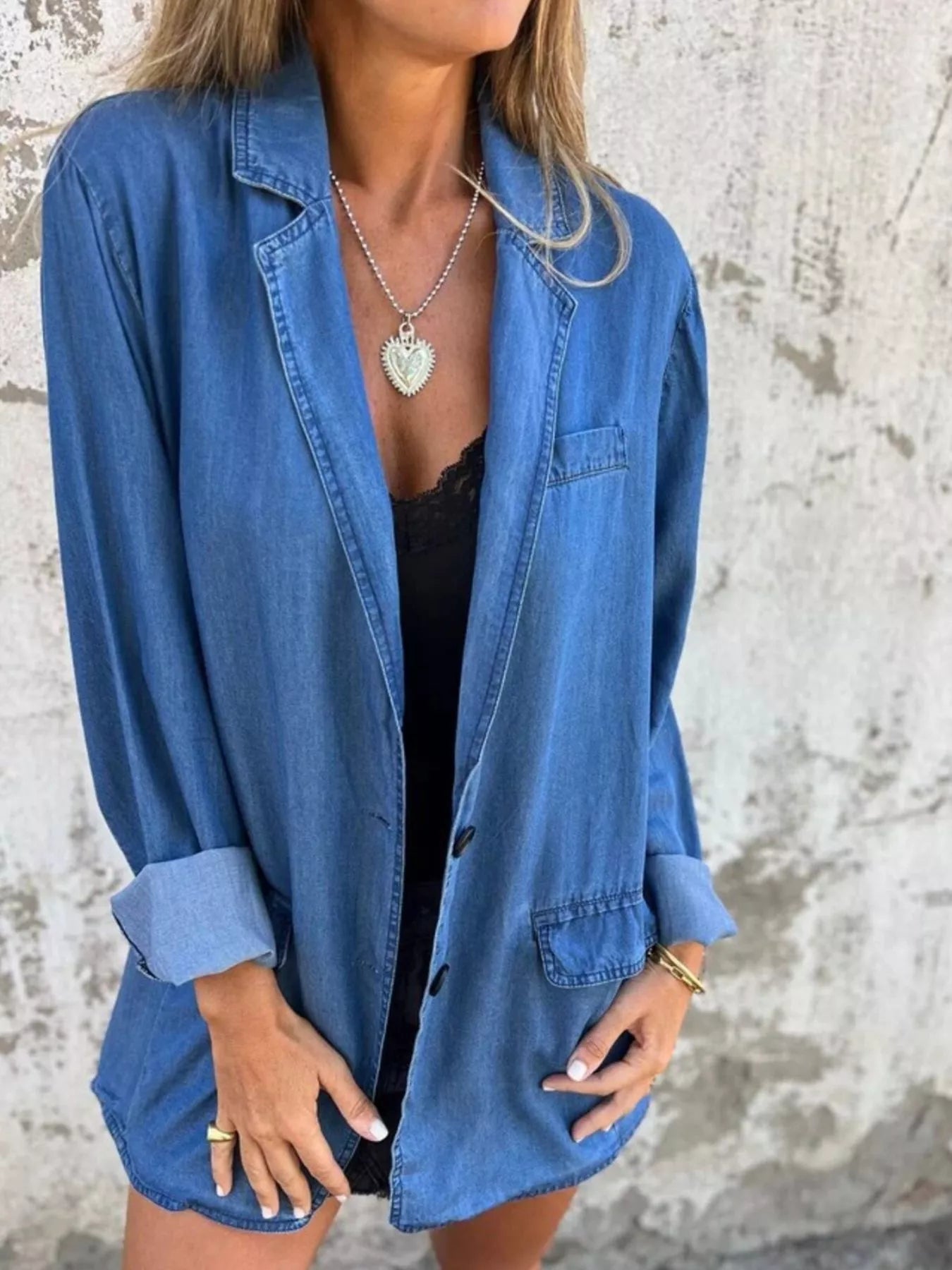 Full Size Button Down Denim Blazer Plus Size Trendsi