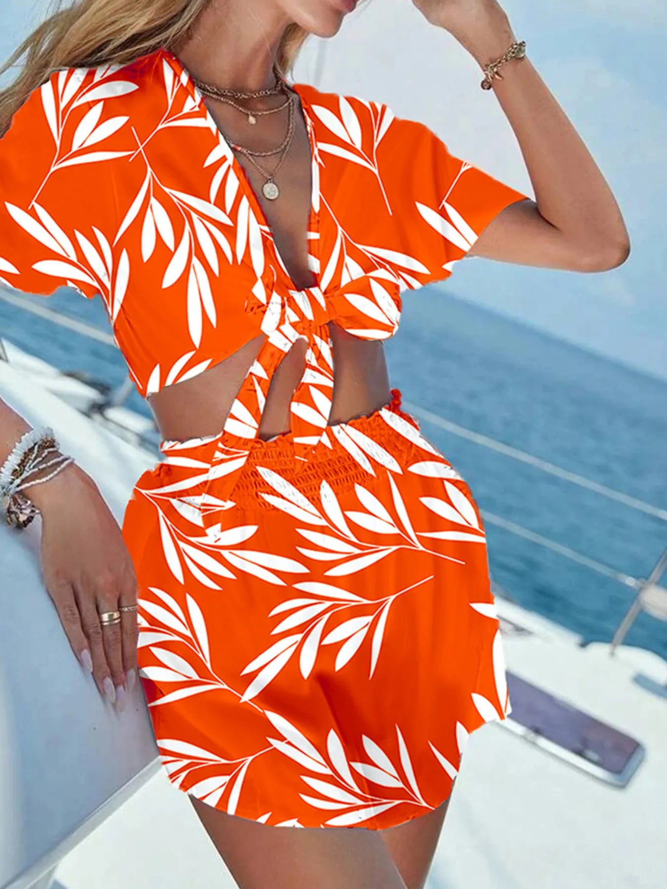 Printed Tie Front Top and Shorts Set OutfitFlow