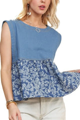 ADORA Sleeveless Denim Contrast Top OutfitFlow