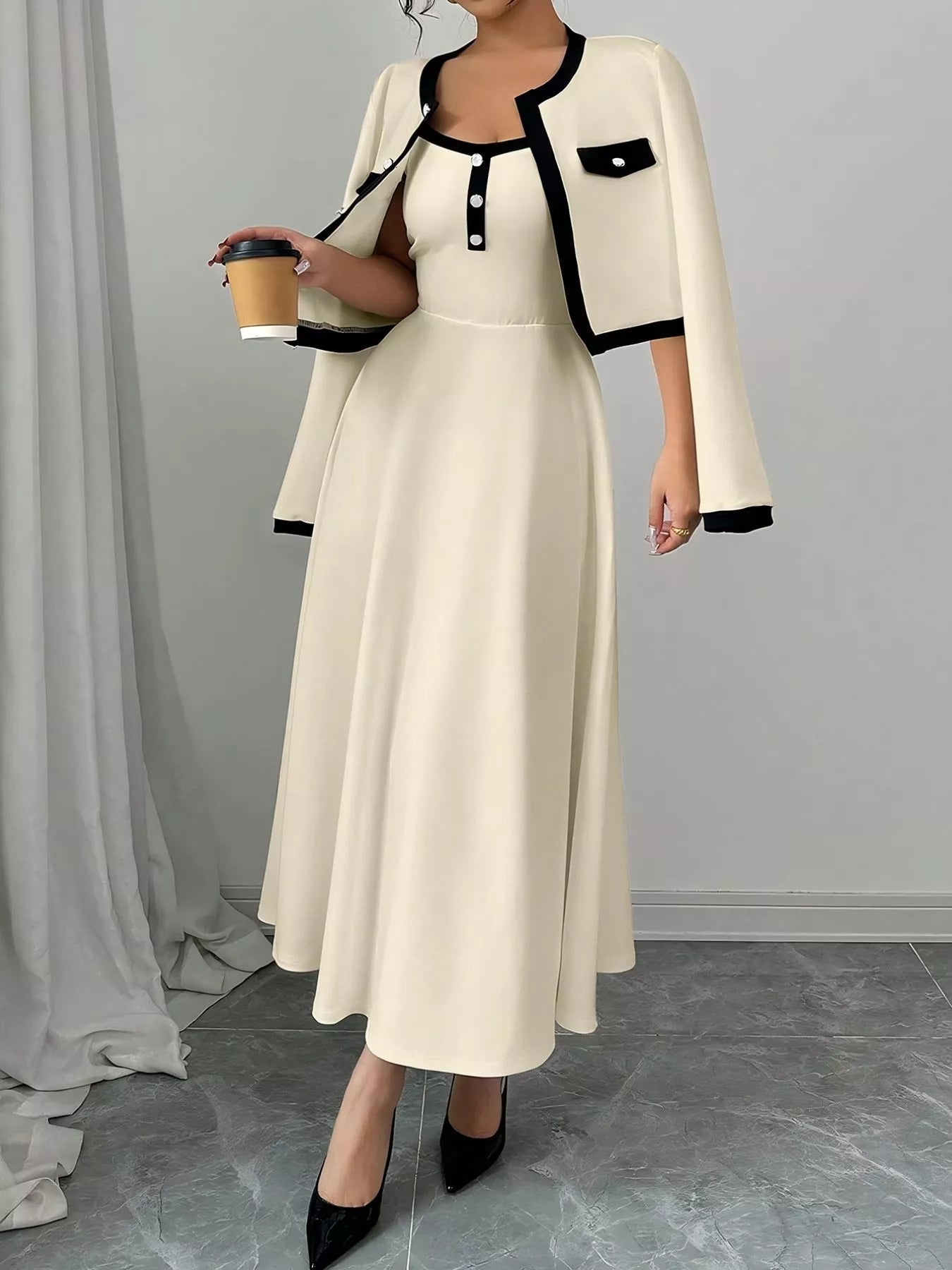 Contrast Trim Maxi Dress and Cropped Cardigan Set OutfitFlow