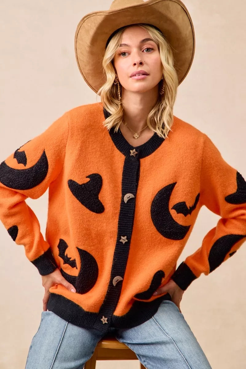 BiBi Halloween Witch Hat Moon Bat Artwork Cardigan Trendsi
