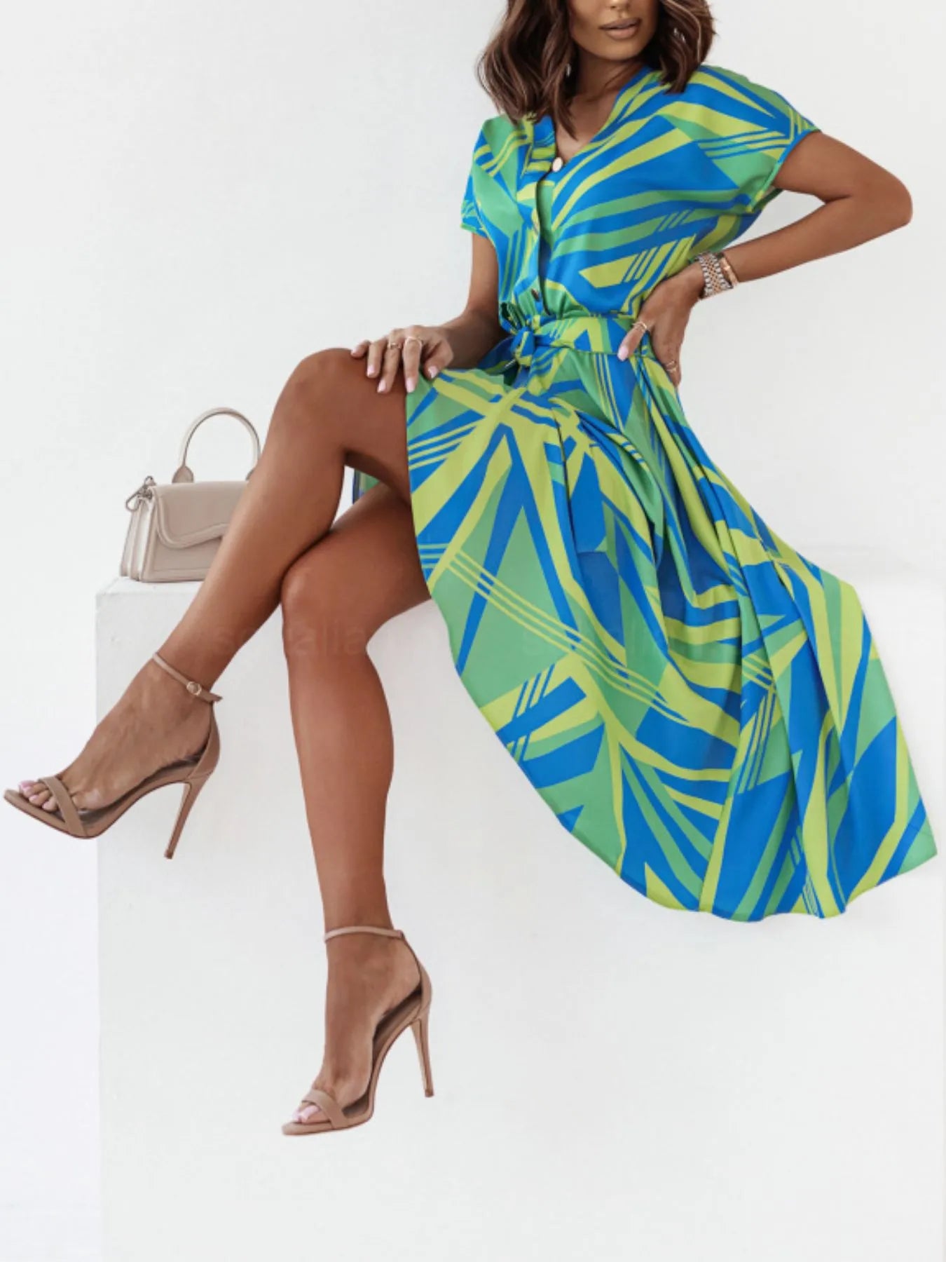 Printed Button Front Midi Dress with Belt OutfitFlow