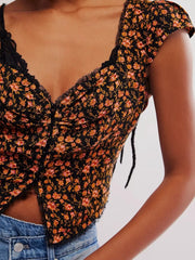 Floral Print Cap Sleeve Cropped Top OutfitFlow