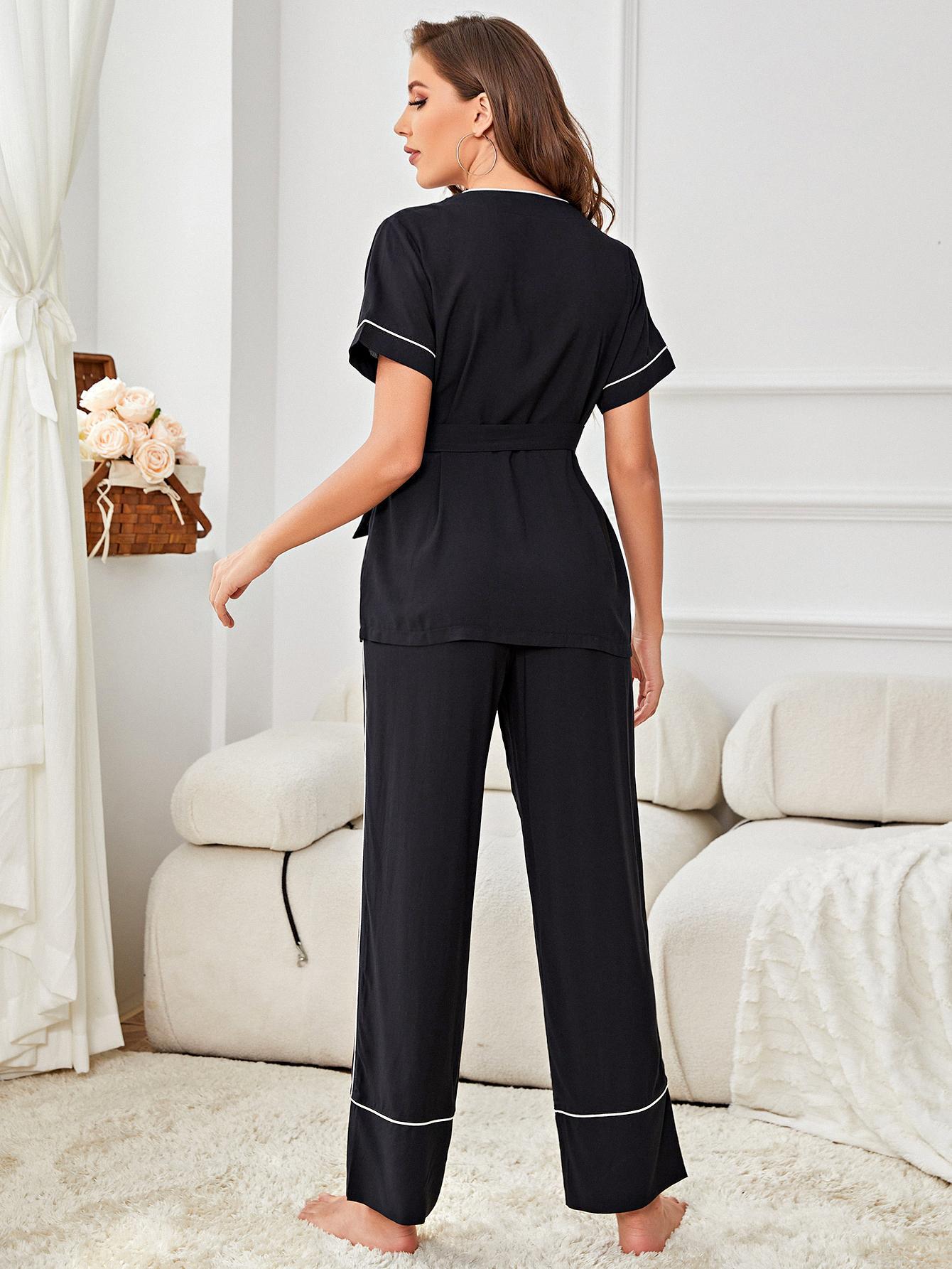 Outfit Flow - Contrast Piping Belted Top and Pants Pajama Set