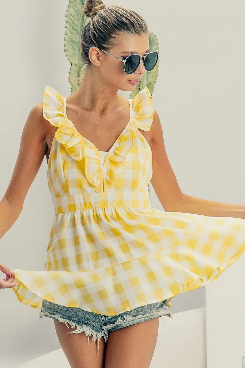 BiBi Ruffled Neckline Sleeveless Check Plaid Peplum Top OutfitFlow