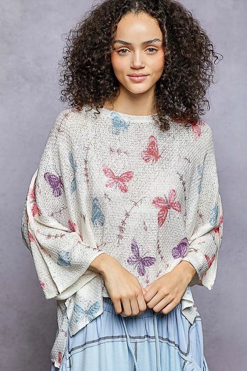 POL Butterflies Pattern Round Neck knit Top with Outseam Rolling Edge OutfitFlow