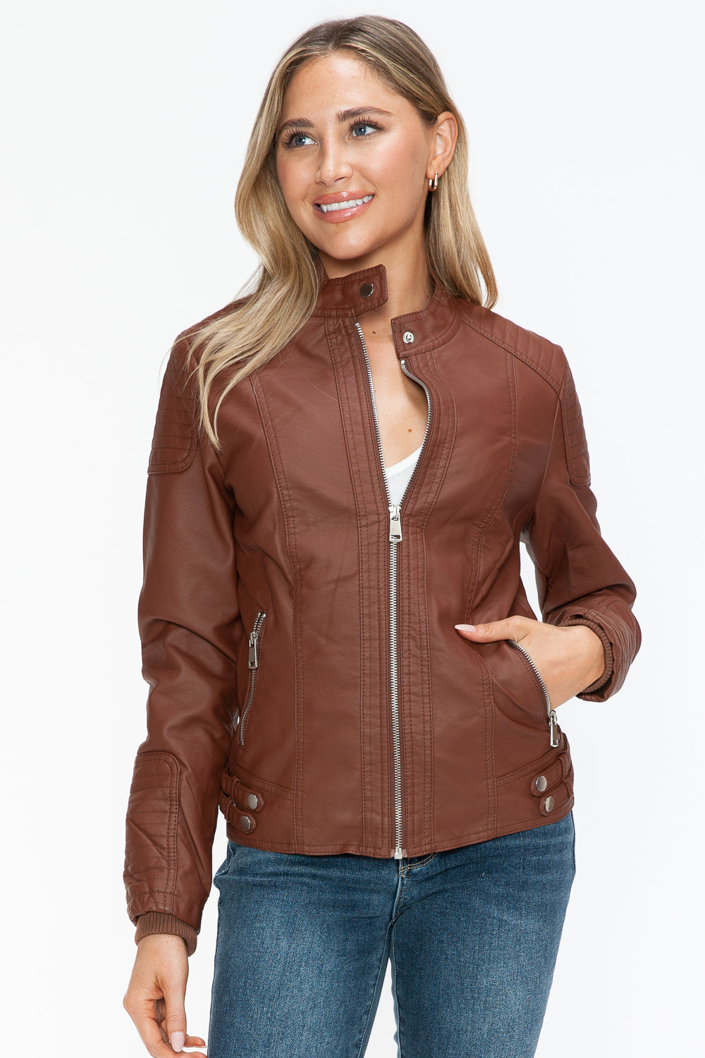 Outfit Flow - Snobbish Faux Leather Biker Jacket with Side Zip Pockets