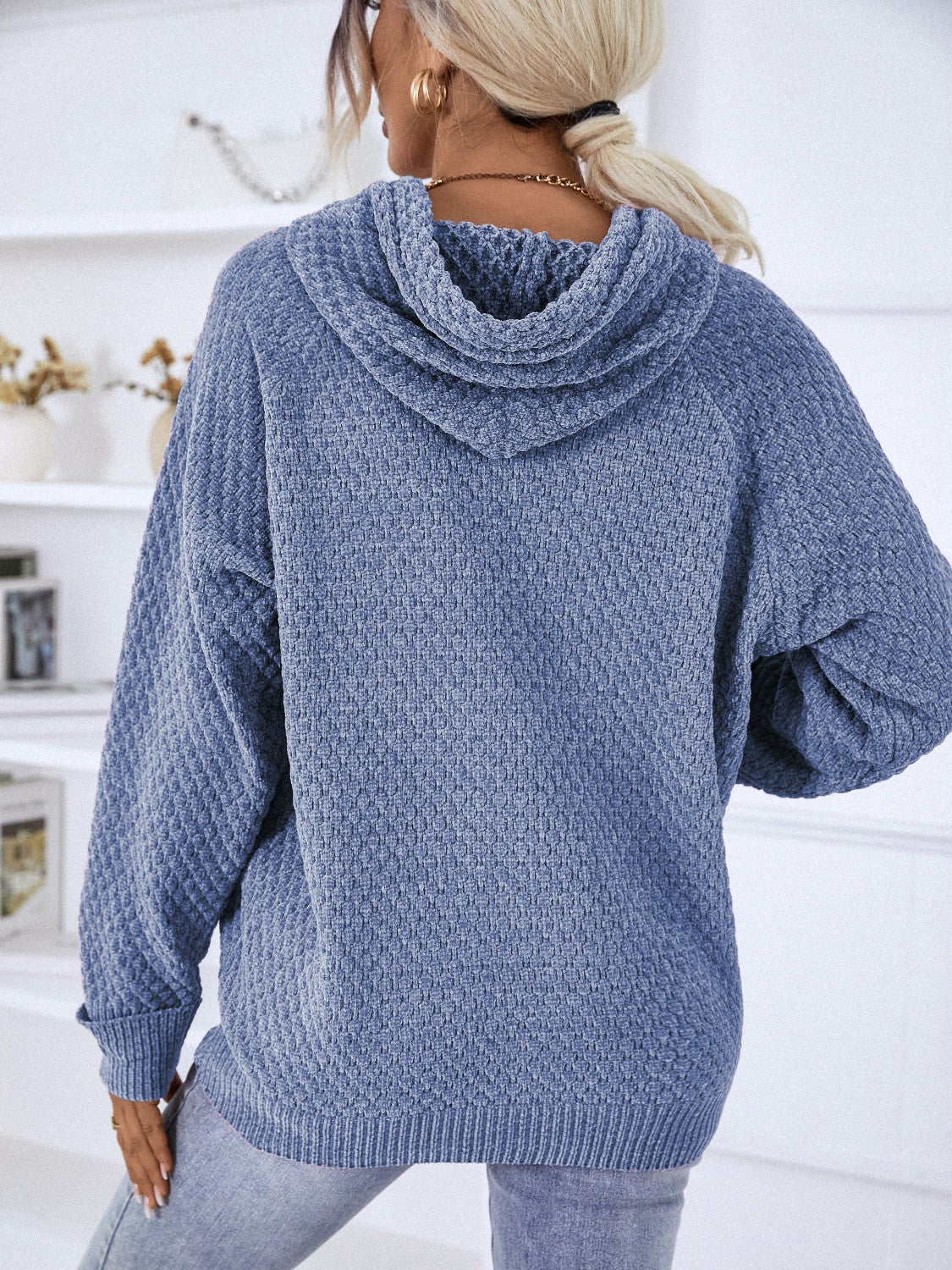 Texture Drawstring Long Sleeve Hooded Sweater