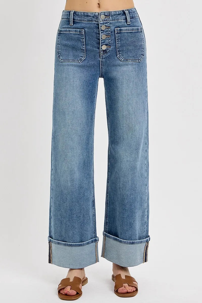 RISEN High Rise Ankle Wide Button Patch Pocket Cuffed Jeans OutfitFlow